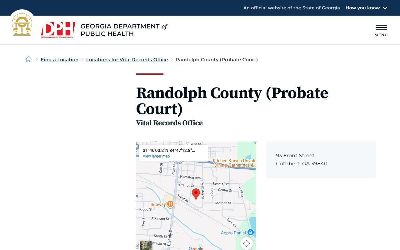 Randolph County Probate Court vital records listing on Georgia DPH website