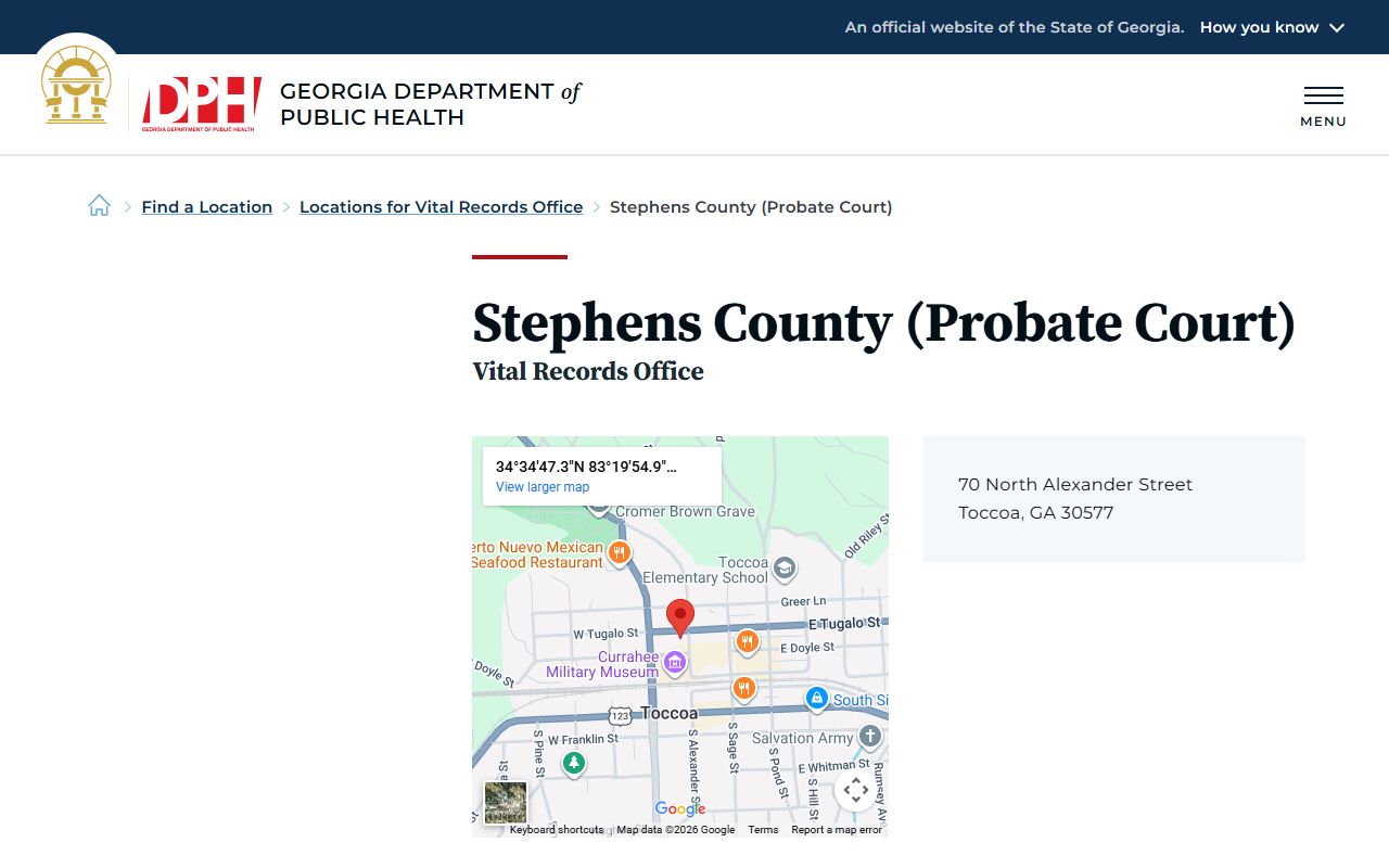 Stephens County Probate Court vital records listing for death certificate services