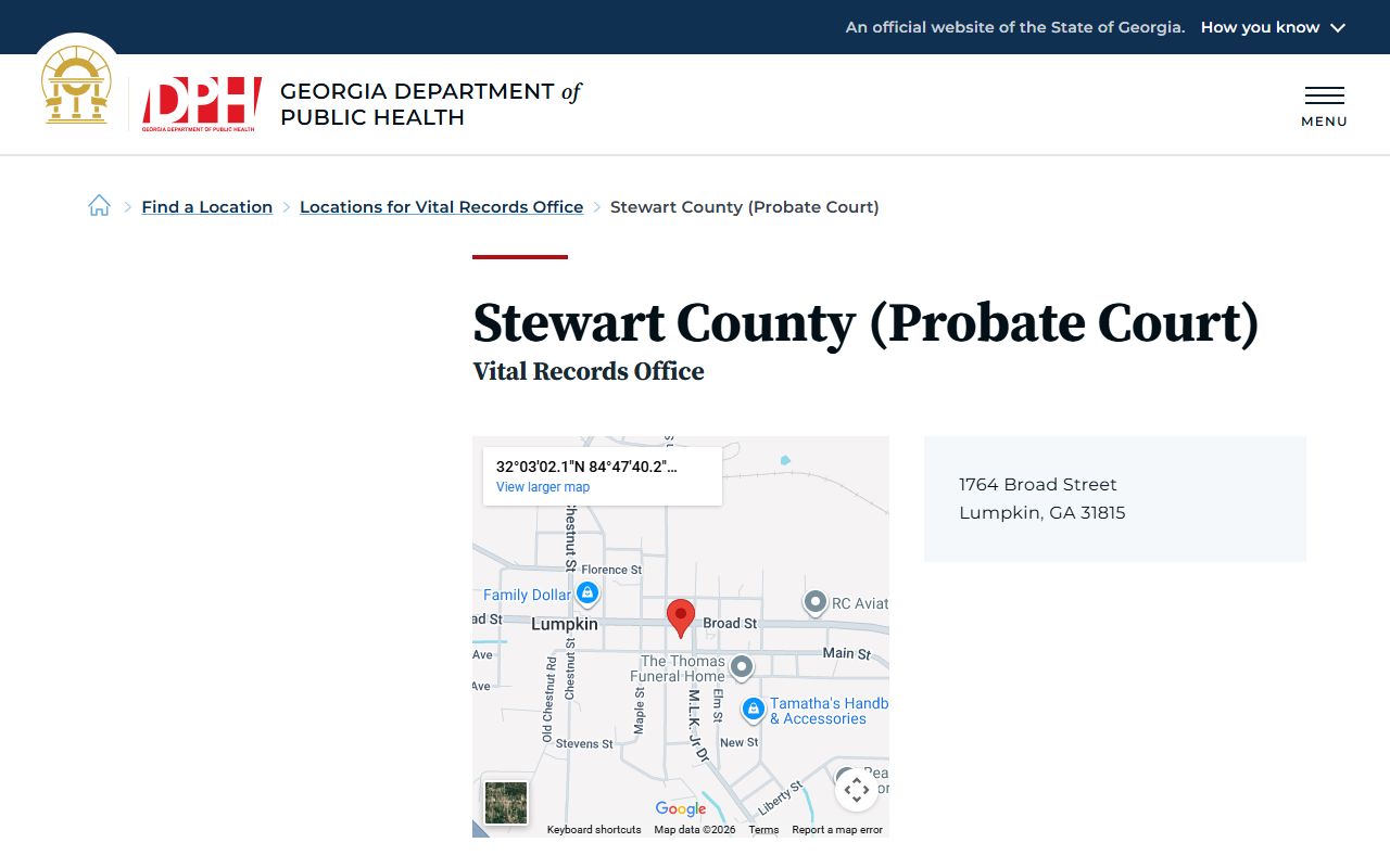 Stewart County Probate Court vital records office listing for death certificates