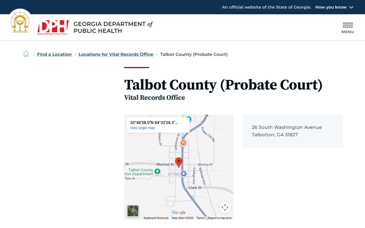 Talbot County Probate Court vital records office listing for death certificates