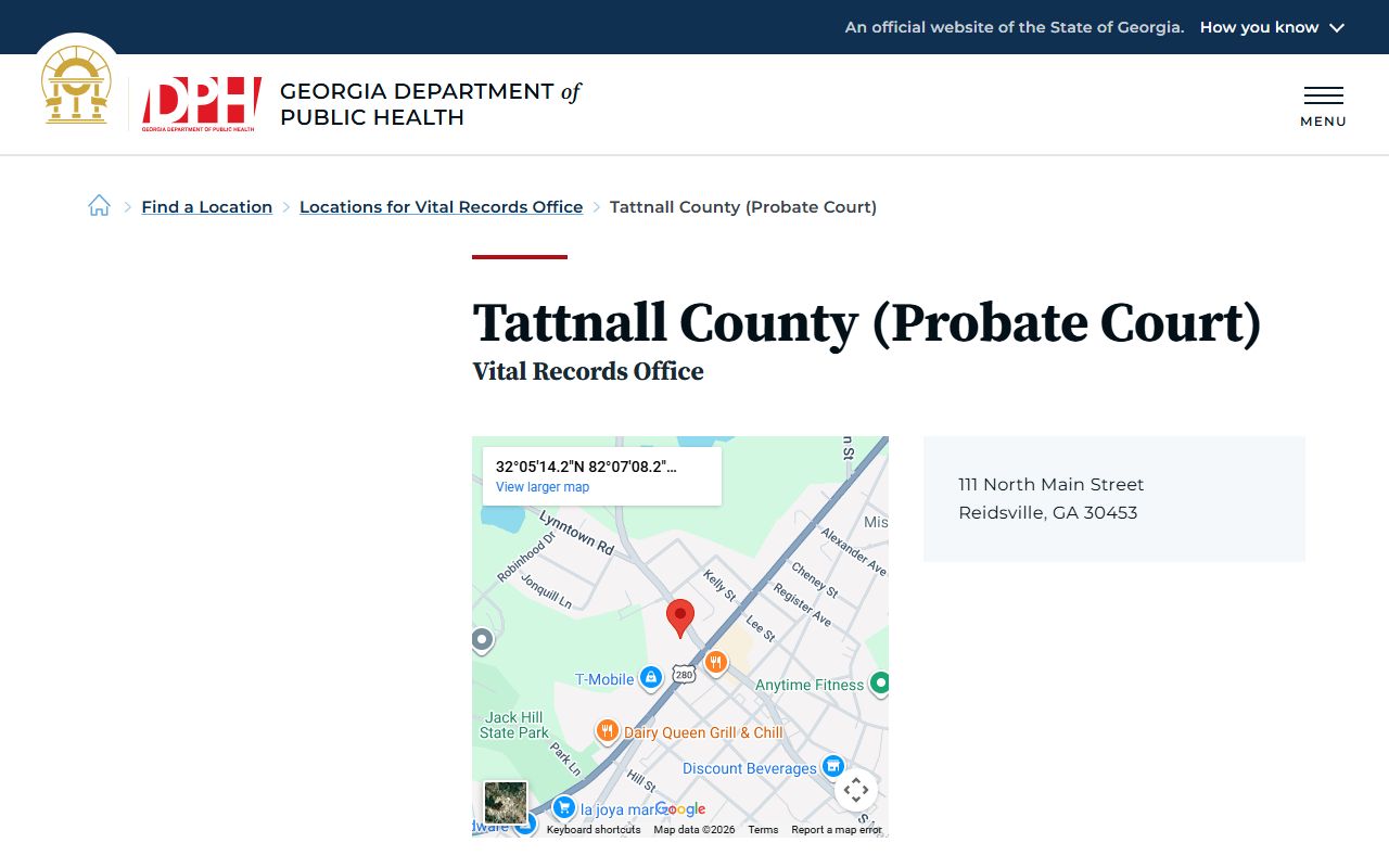 Tattnall County Probate Court vital records office page for death certificates