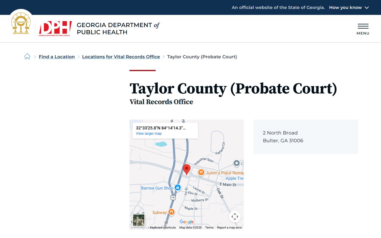 Taylor County Probate Court vital records office listing for death certificates