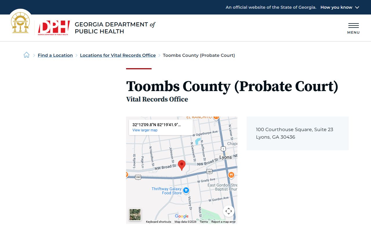 Toombs County Probate Court vital records listing for death certificate requests