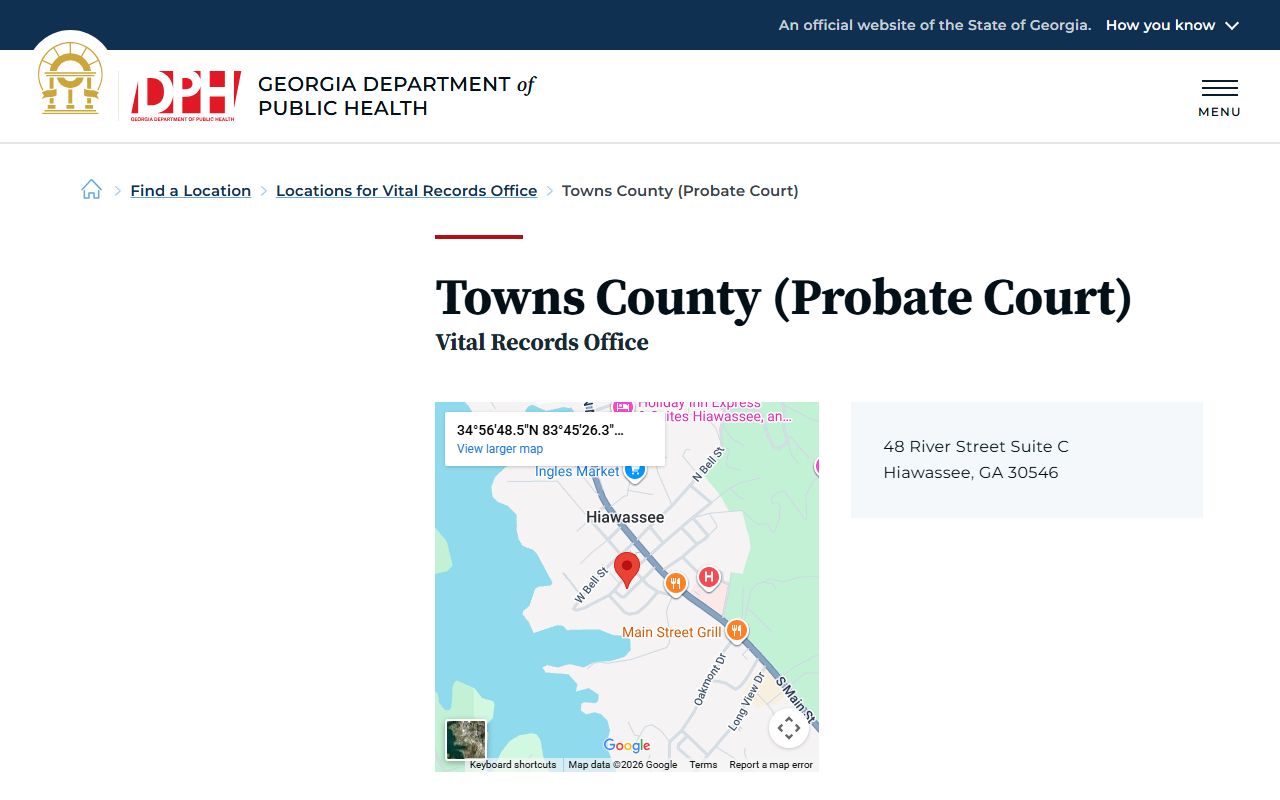 Towns County Probate Court vital records listing for death certificate services