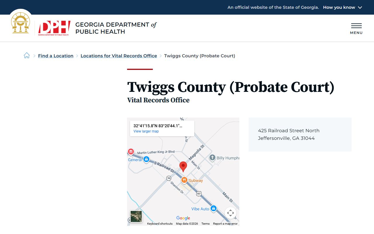 Twiggs County Probate Court vital records listing for death certificate services