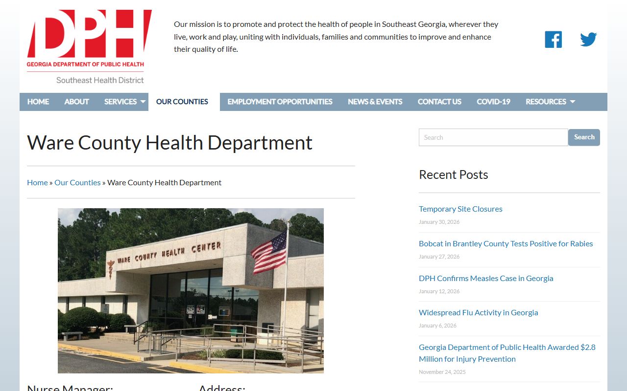 Southeast Health District Ware County Health Department page for vital records
