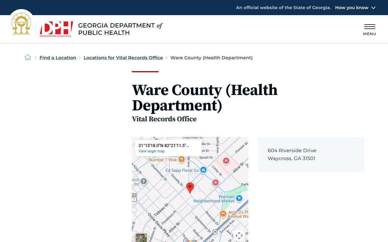 Ware County Health Department page on Georgia DPH website for death records