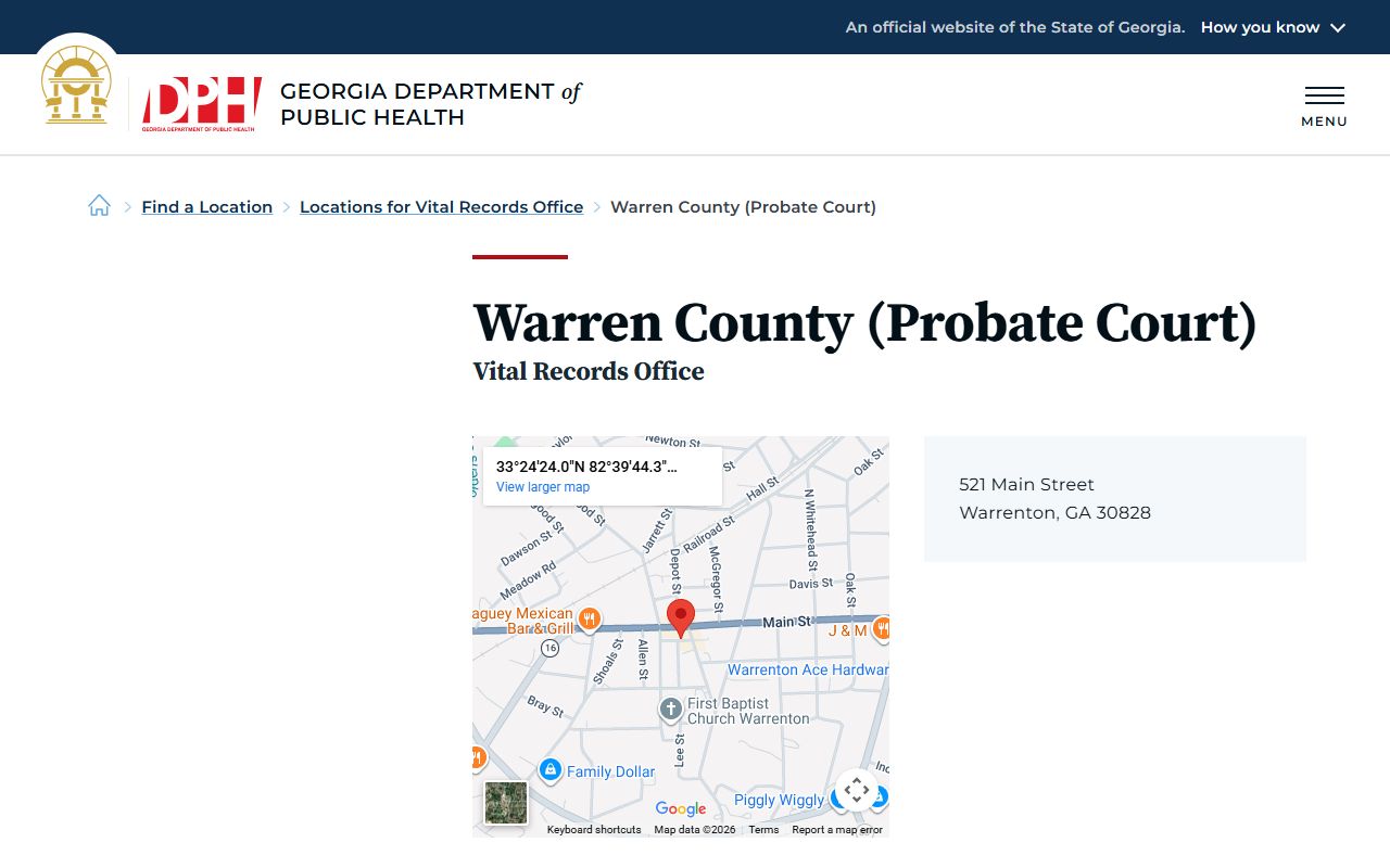 Warren County Probate Court listing on Georgia DPH for death records