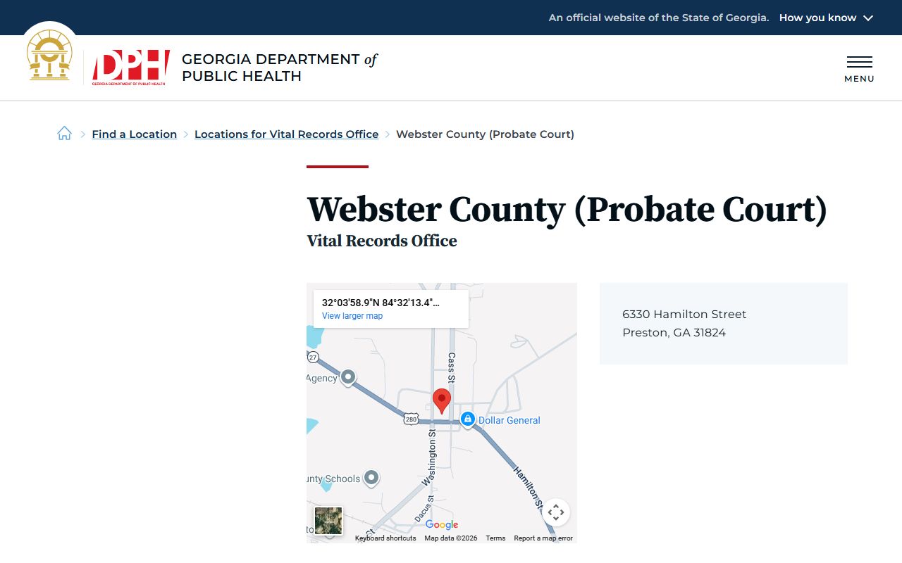 Webster County Probate Court listing on Georgia DPH for death records