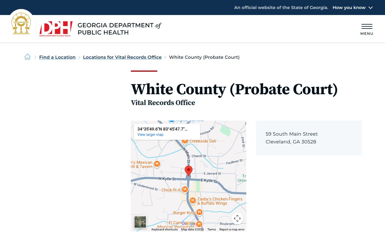 White County Probate Court listing on Georgia DPH for death certificate requests