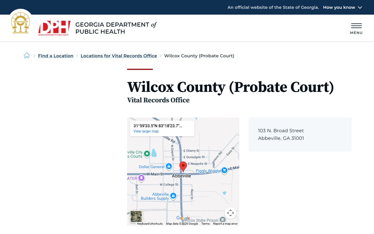 Wilcox County Probate Court listing on Georgia DPH for death records