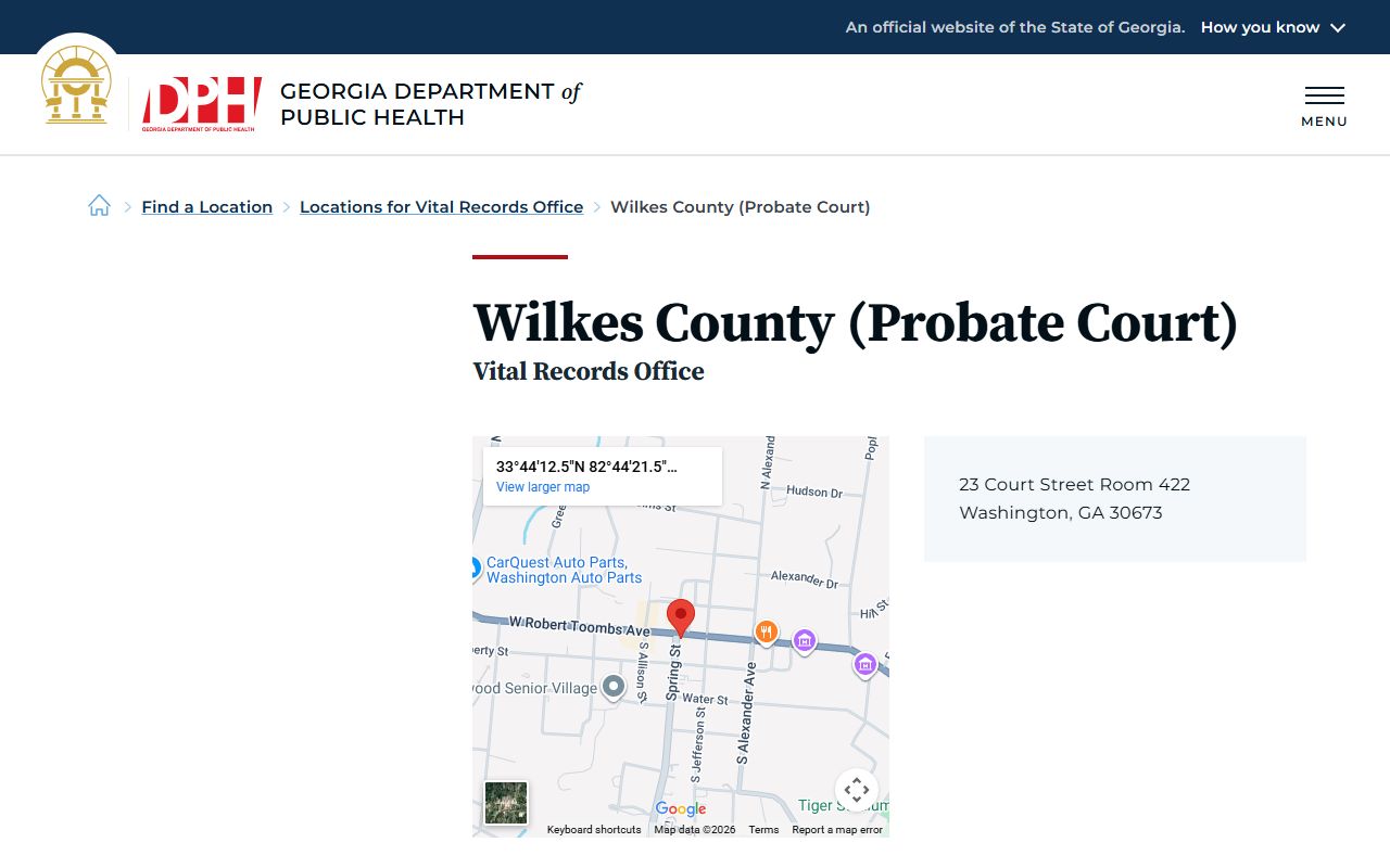 Wilkes County Probate Court listing on Georgia DPH for death certificate requests
