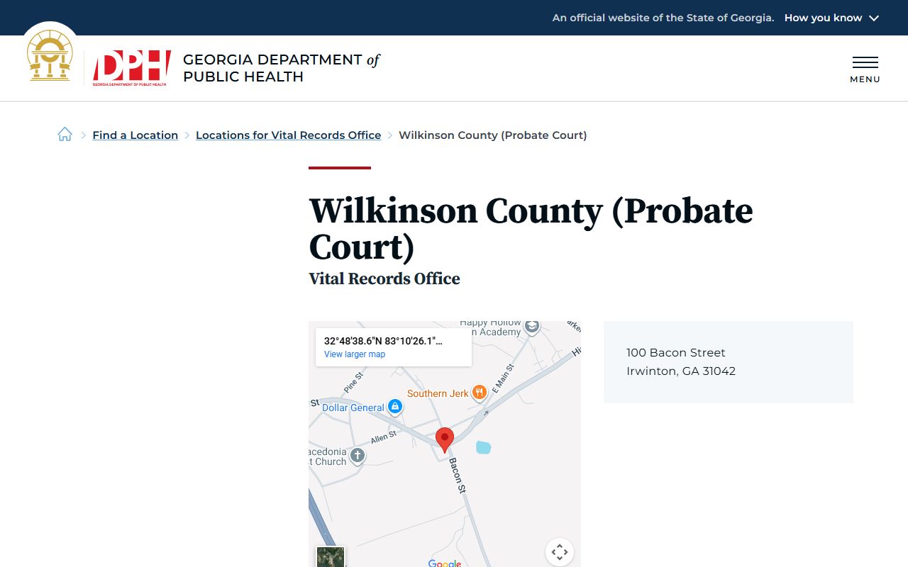 Wilkinson County Probate Court listing on Georgia DPH for death records