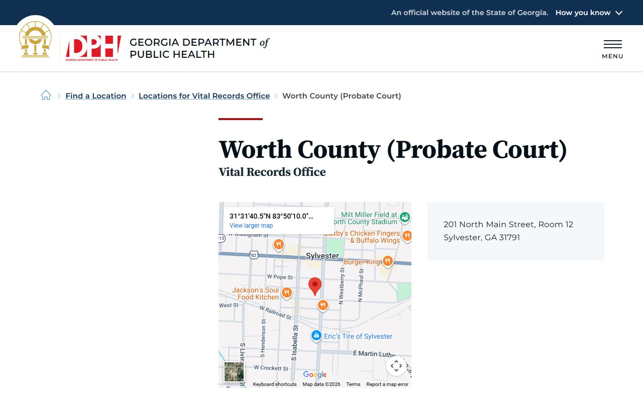 Worth County Probate Court listing on Georgia DPH for death certificate requests