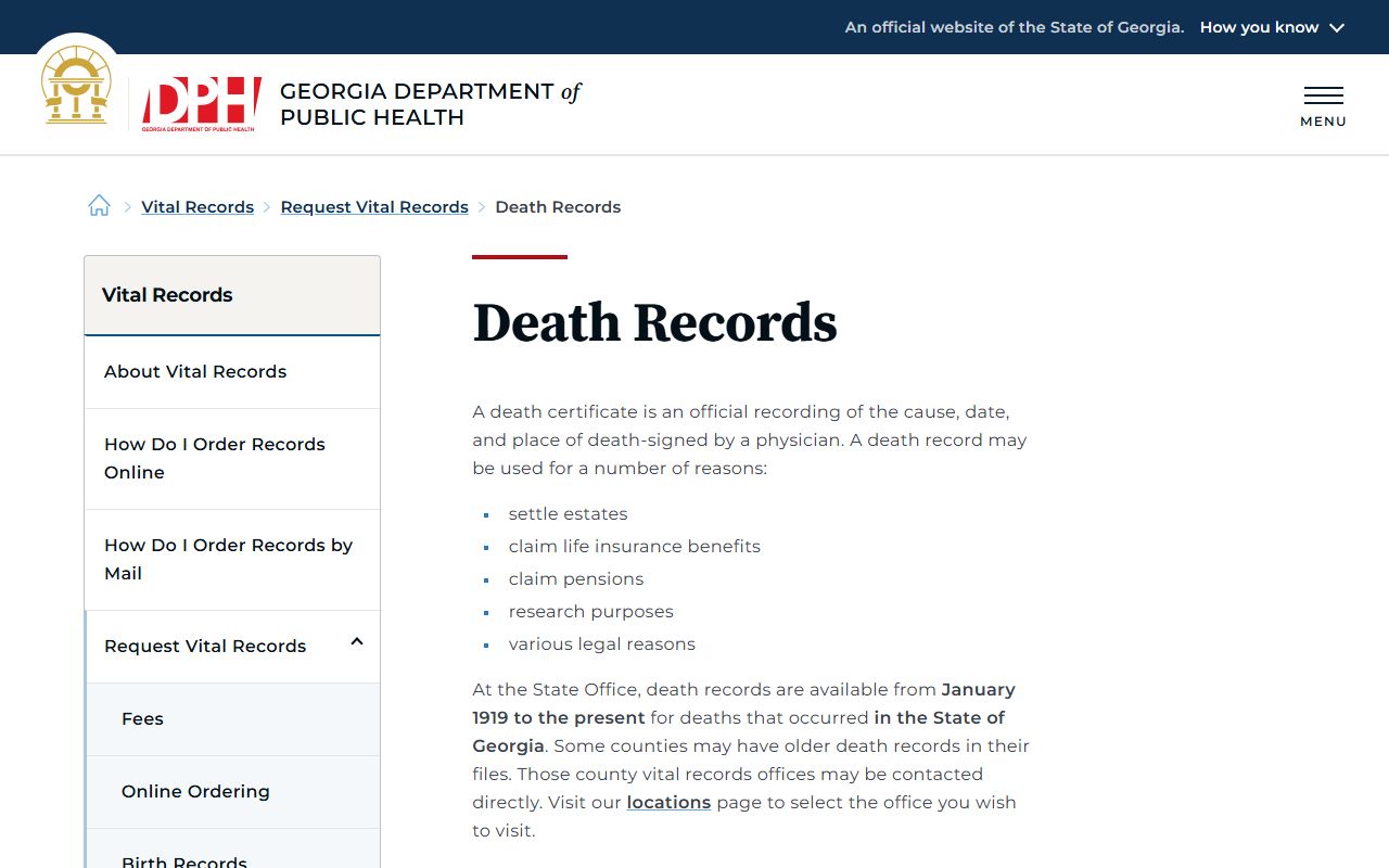 Georgia death records request page showing requirements and ordering options