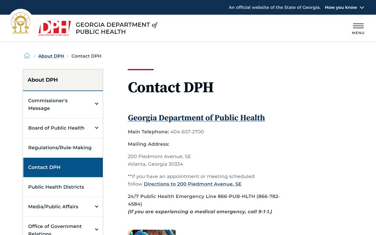 Georgia DPH contact information for vital records inquiries