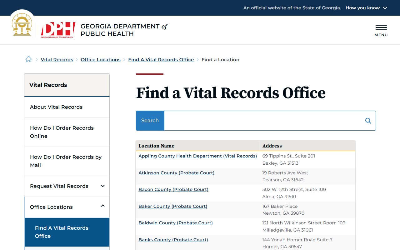 Georgia DPH vital records office finder tool