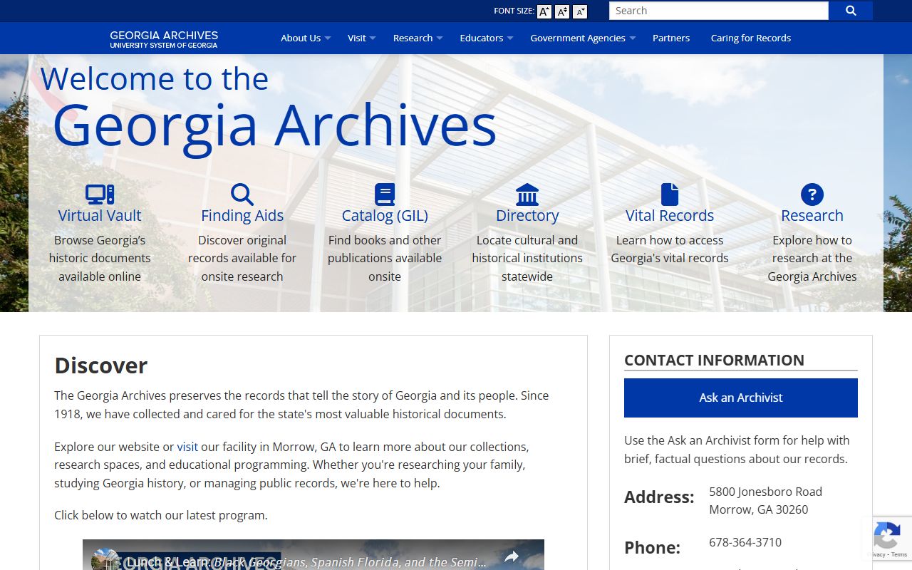 Georgia Archives main page for historical research