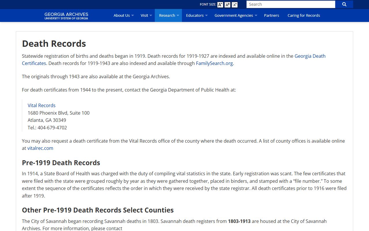 Georgia Archives death records research page