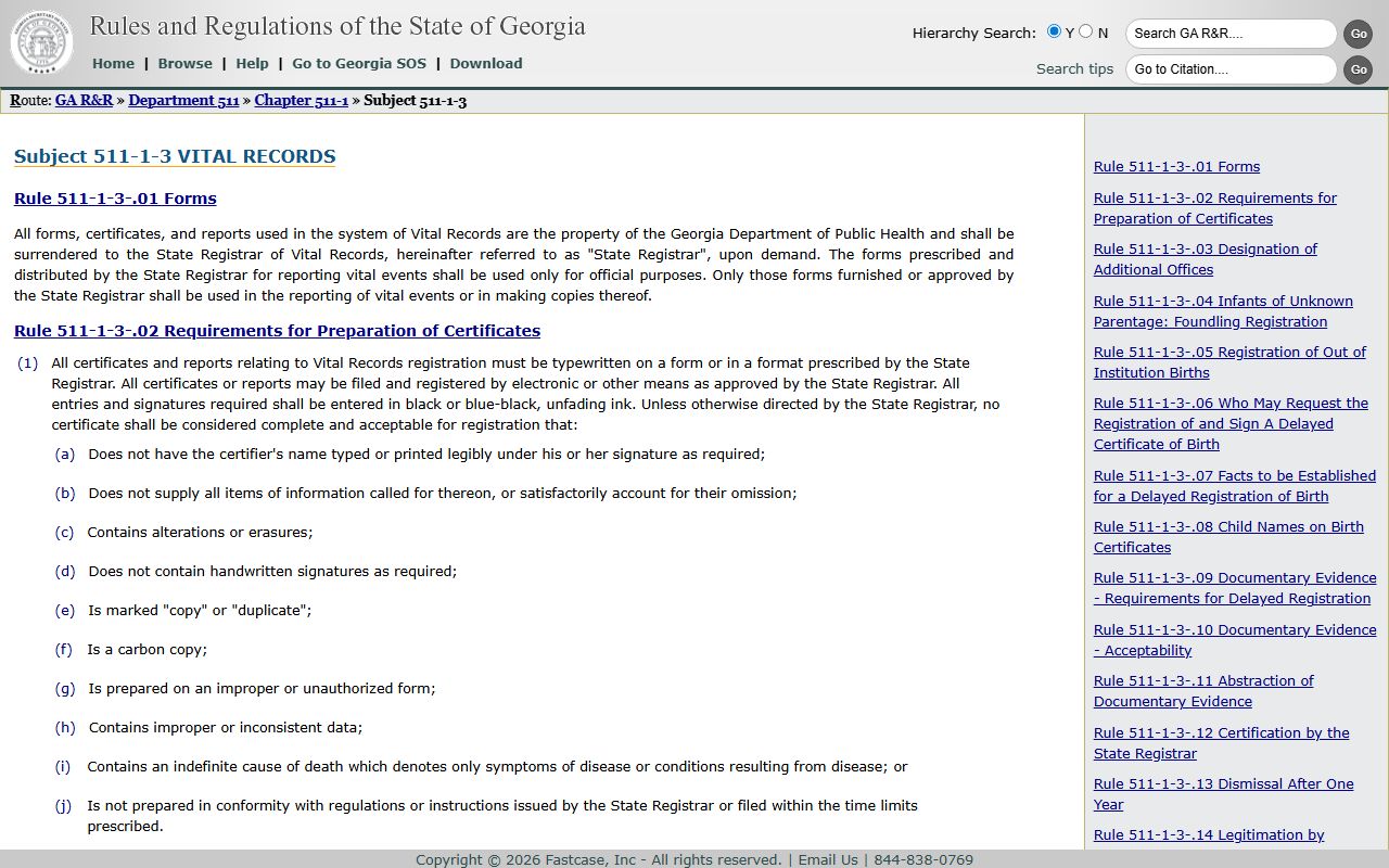 Georgia Administrative Code reference for vital records access rules