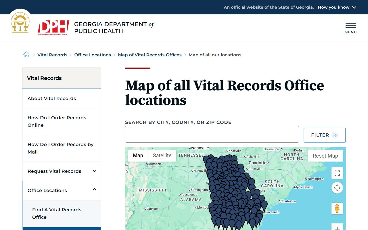 Interactive map of Georgia vital records offices for death certificates