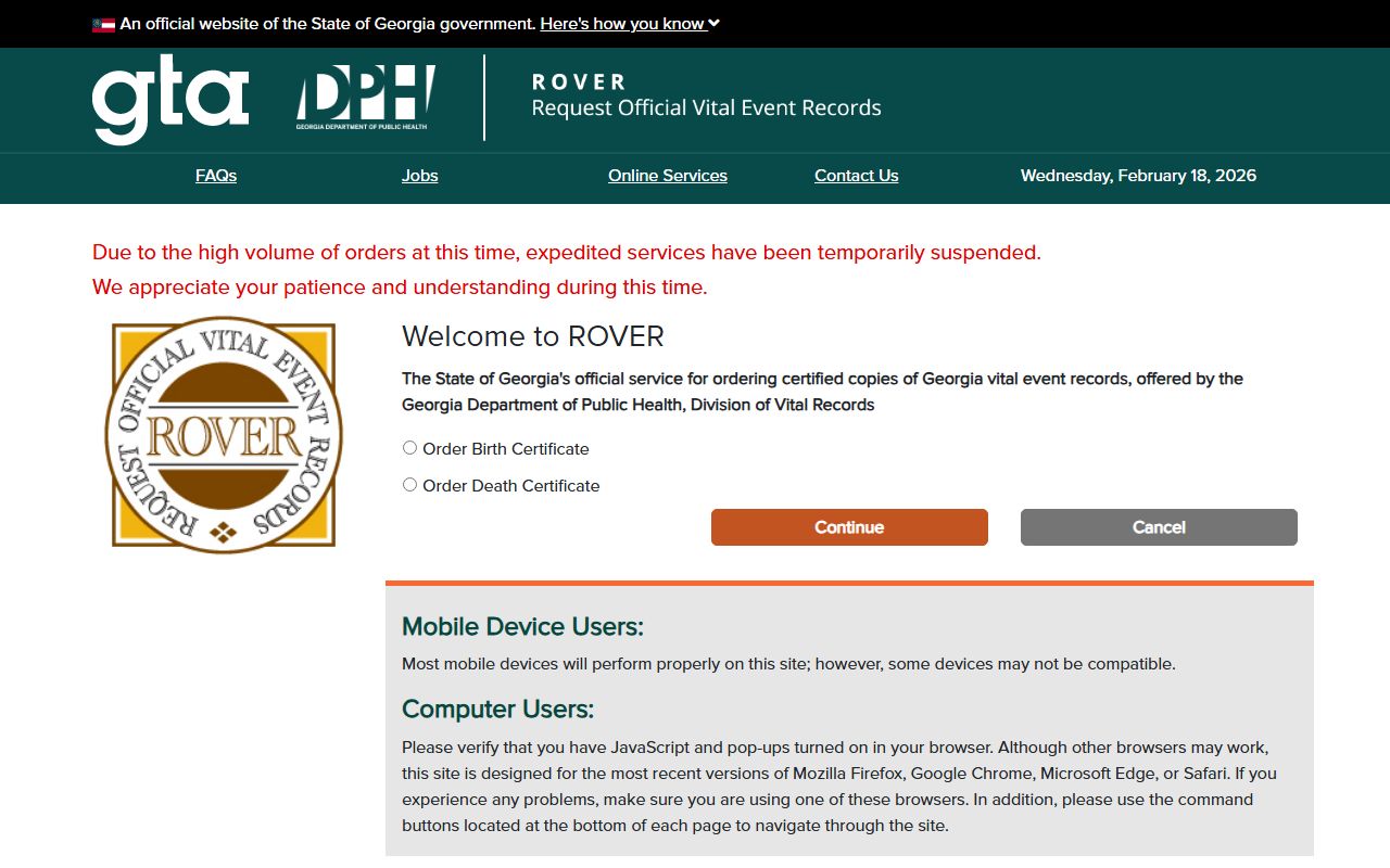 ROVER online ordering system for Georgia death records
